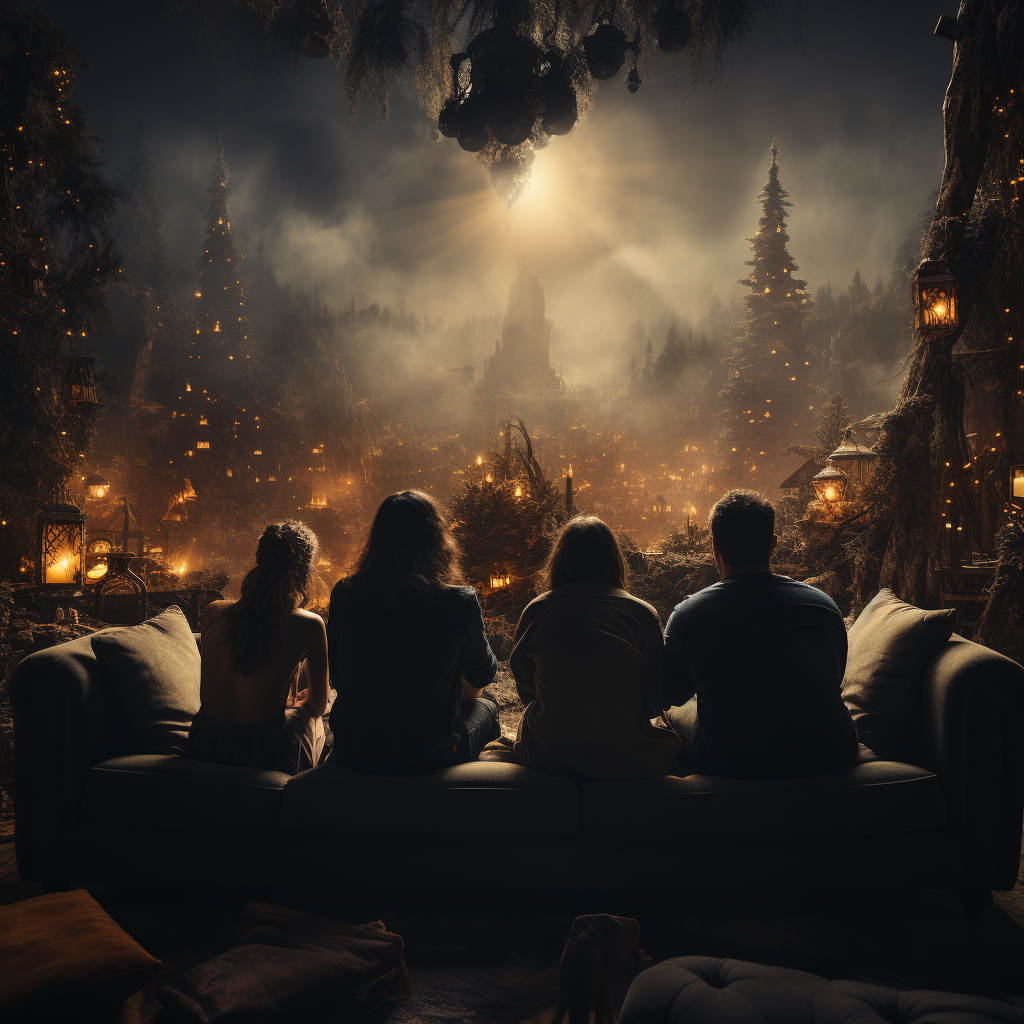 Four People Looking at Christmas Tree in Dark Room